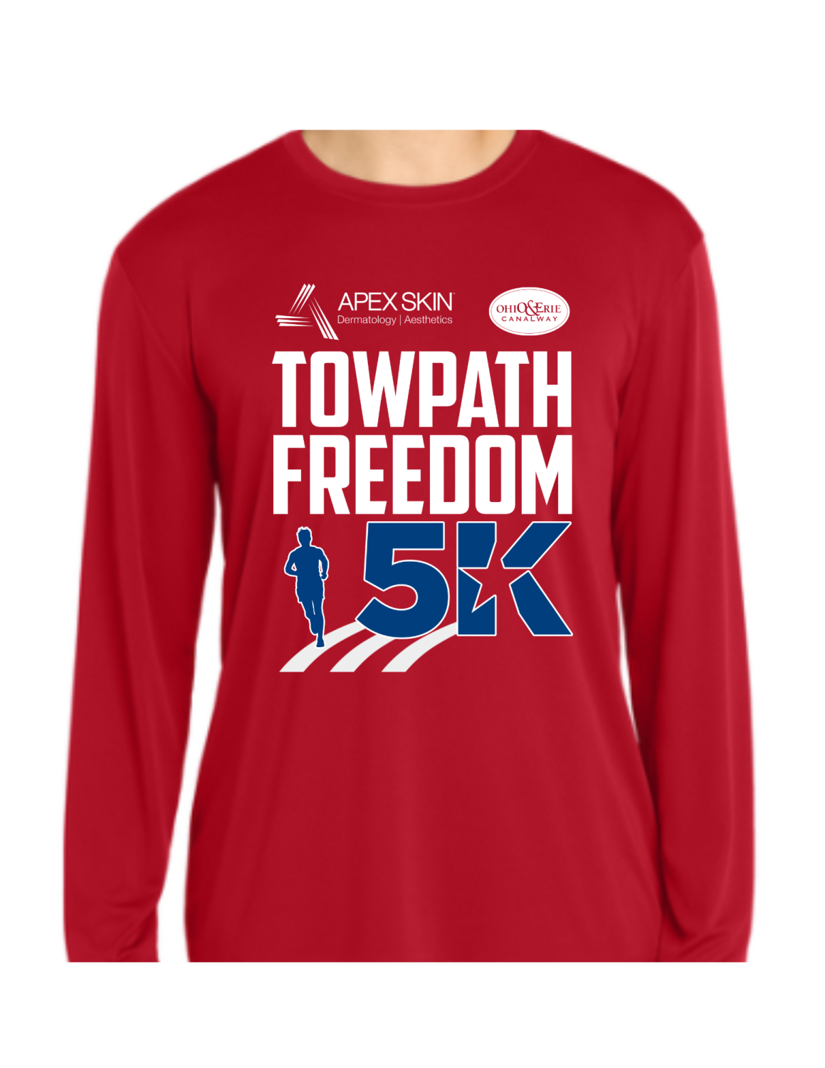 Red long-sleeved shirt with white Towpath Freedom 5K logo