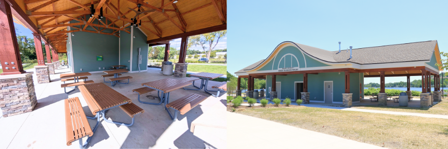 two-part graphic with interior and exterior view of the Knight Pavilion