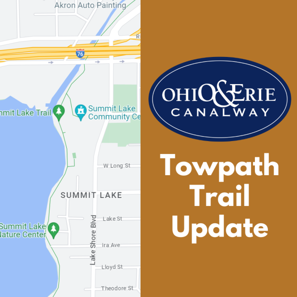 Image of the Towpath Trail by Summit Lake in Akron with the text "Towpath Trail Update"